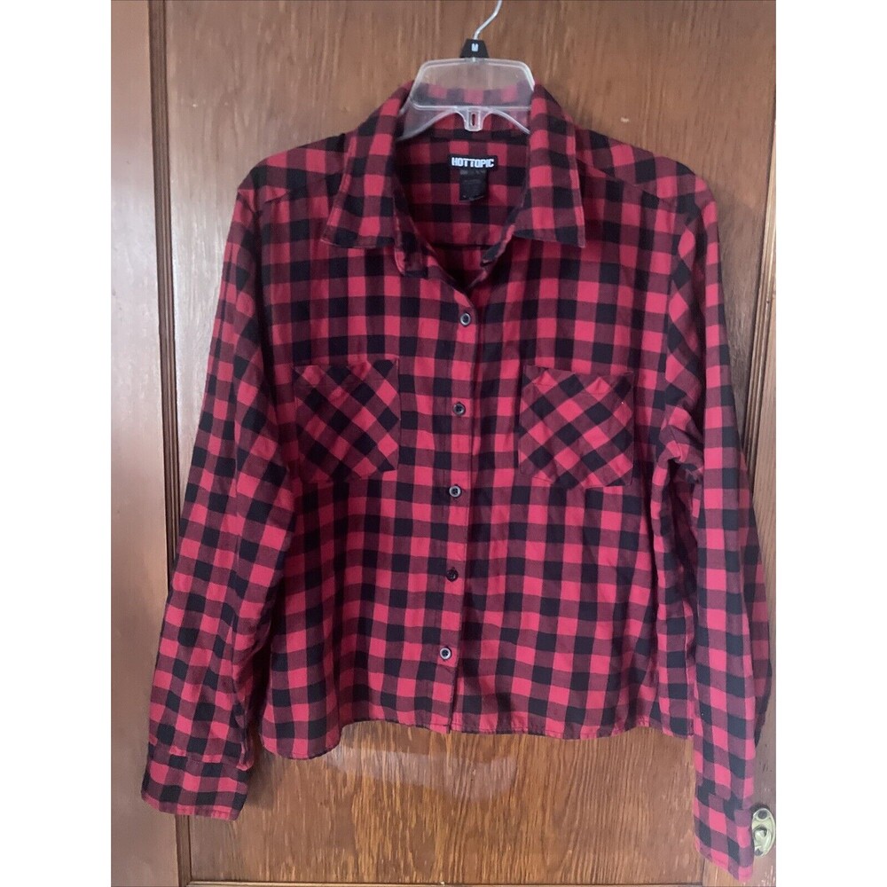 Hot Topic Buffalo Plaid Black Red Check Flannel Button Up Shirt Size XL